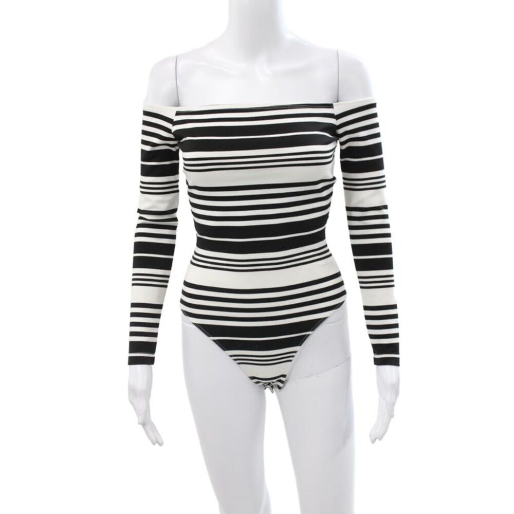 Capulet Women Striped Square Neck Long Sleeve Bodysuit Black Size XS